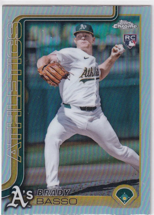 Topps Chrome Baseball refractor card of Brady Basso of the Oakland Athletics