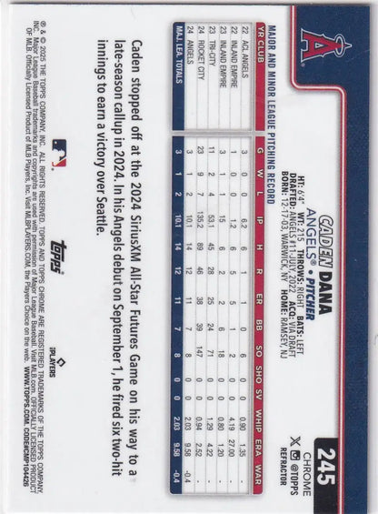 Back of a Topps Chrome Baseball refractor card featuring Los Angeles Angels pitcher Caden Dana
