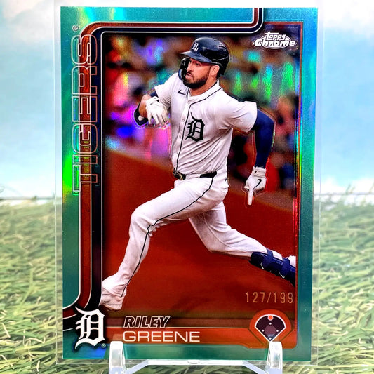 Baseball trading card of Riley Greene Detroit Tigers 2025 Topps Chrome Baseball
