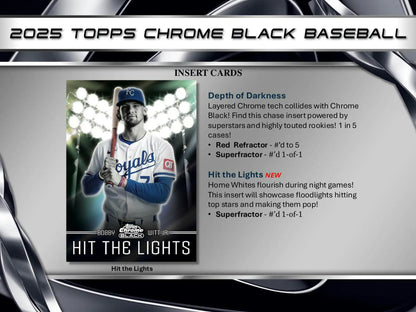 Baseball card advertisement for 2025 Topps Chrome Black Hobby Box with red refractor and trim refractor
