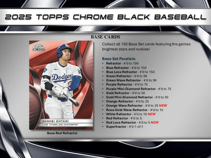 Baseball card product details for 2025 Topps Chrome Black Hobby Box with red refractor