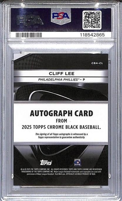 Graded Cliff Lee baseball card from 2025 Topps Chrome Black in PSA 8 NM-MT condition
