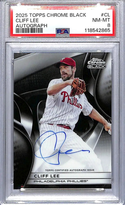 A graded 2025 Topps Chrome Black Cliff Lee autographed baseball card featuring PSA 8 NM-MT status