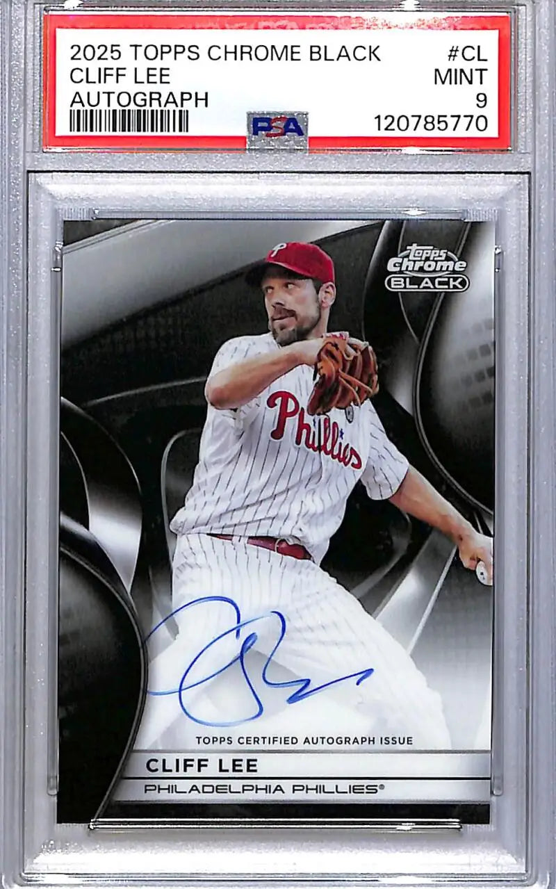 PSA-graded 2025 Topps Chrome Black Cliff Lee autographed baseball card featuring Cliff Lee PSA 9 MINT