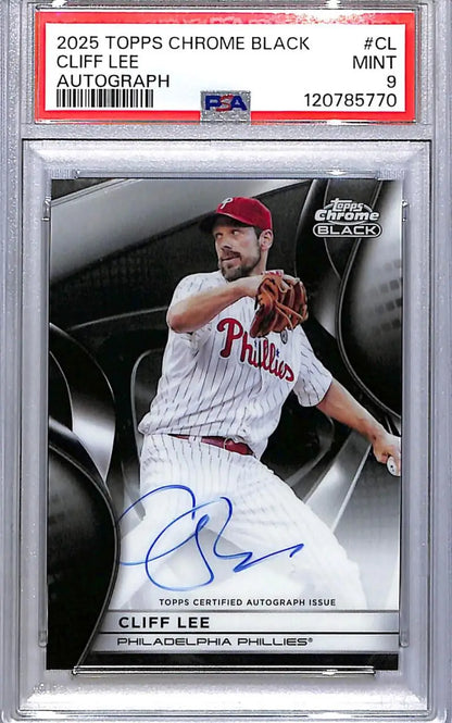 PSA-graded 2025 Topps Chrome Black Cliff Lee autographed baseball card featuring Cliff Lee PSA 9 MINT