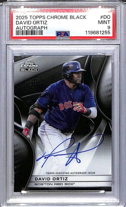 Graded 2025 Topps Chrome Black David Ortiz autographed baseball card featuring Red Sox logo