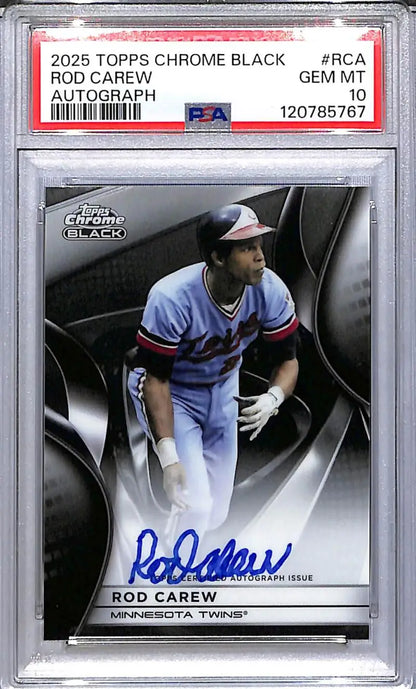 Graded 2025 Topps Chrome Black Rod Carew autographed baseball card in PSA 10 GEM MINT