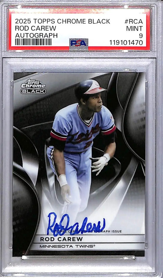 Graded 2025 Topps Chrome Black Rod Carew autograph baseball card featuring Minnesota Twins player