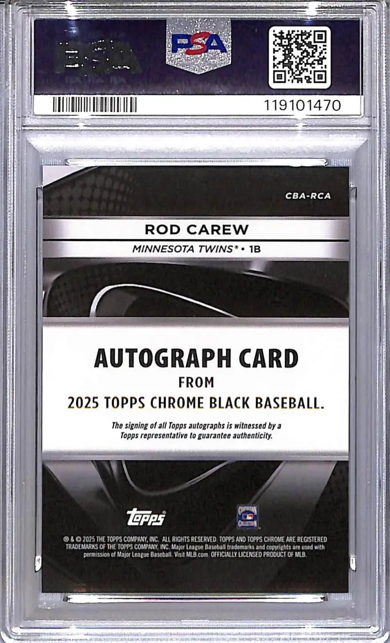 PSA-graded 2025 Topps Chrome Black Rod Carew autograph card Minnesota Twins auto