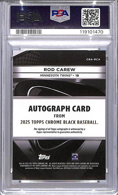 PSA-graded 2025 Topps Chrome Black Rod Carew autograph card Minnesota Twins auto