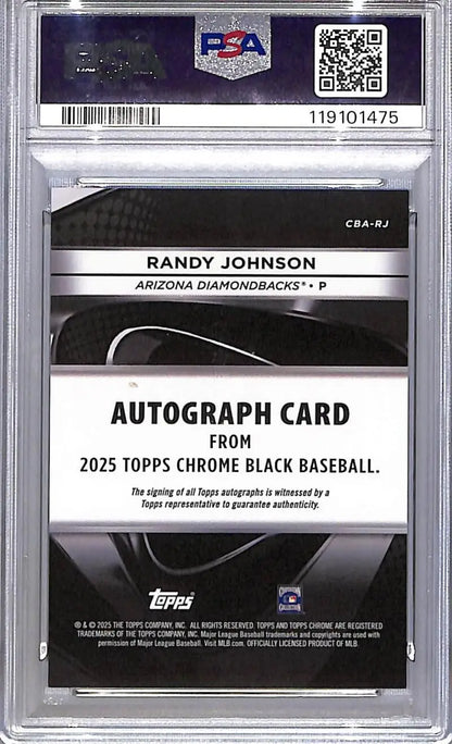 Graded Randy Johnson 2025 Topps Chrome Black autograph card with PSA 9 Mint status