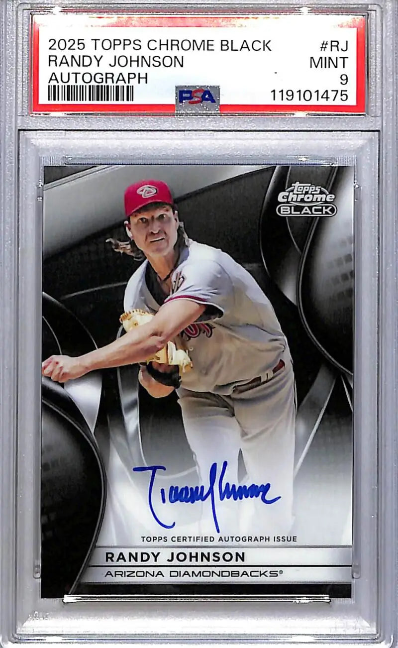 A graded 2025 Topps Chrome Black Randy Johnson PSA 9 Mint Autograph baseball card