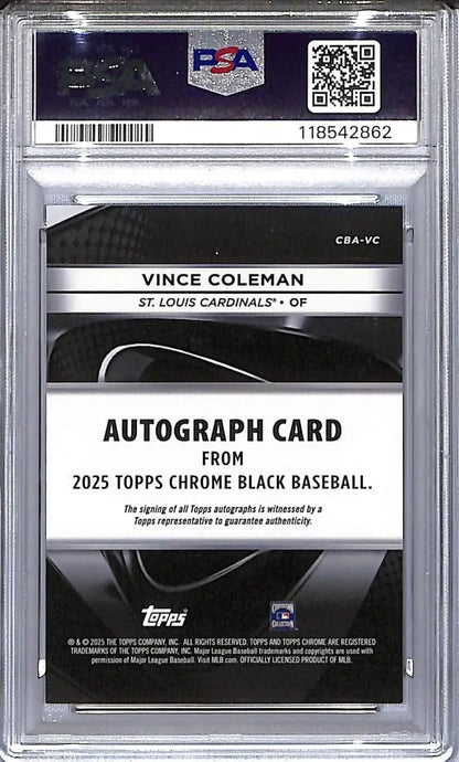 Graded Vince Coleman 2025 Topps Chrome Black autographed card St Louis Cardinals