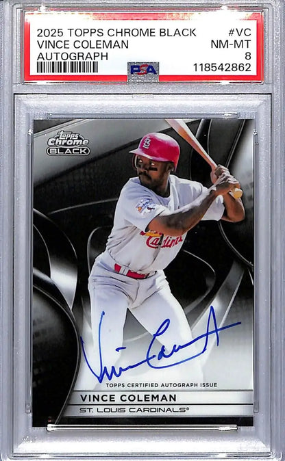Vince Coleman 2025 Topps Chrome Black baseball card with autograph, St Louis Cardinals