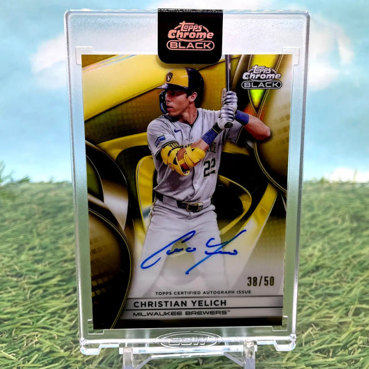 Christian Yelich autographed baseball card from 2025 Topps Chrome Black series