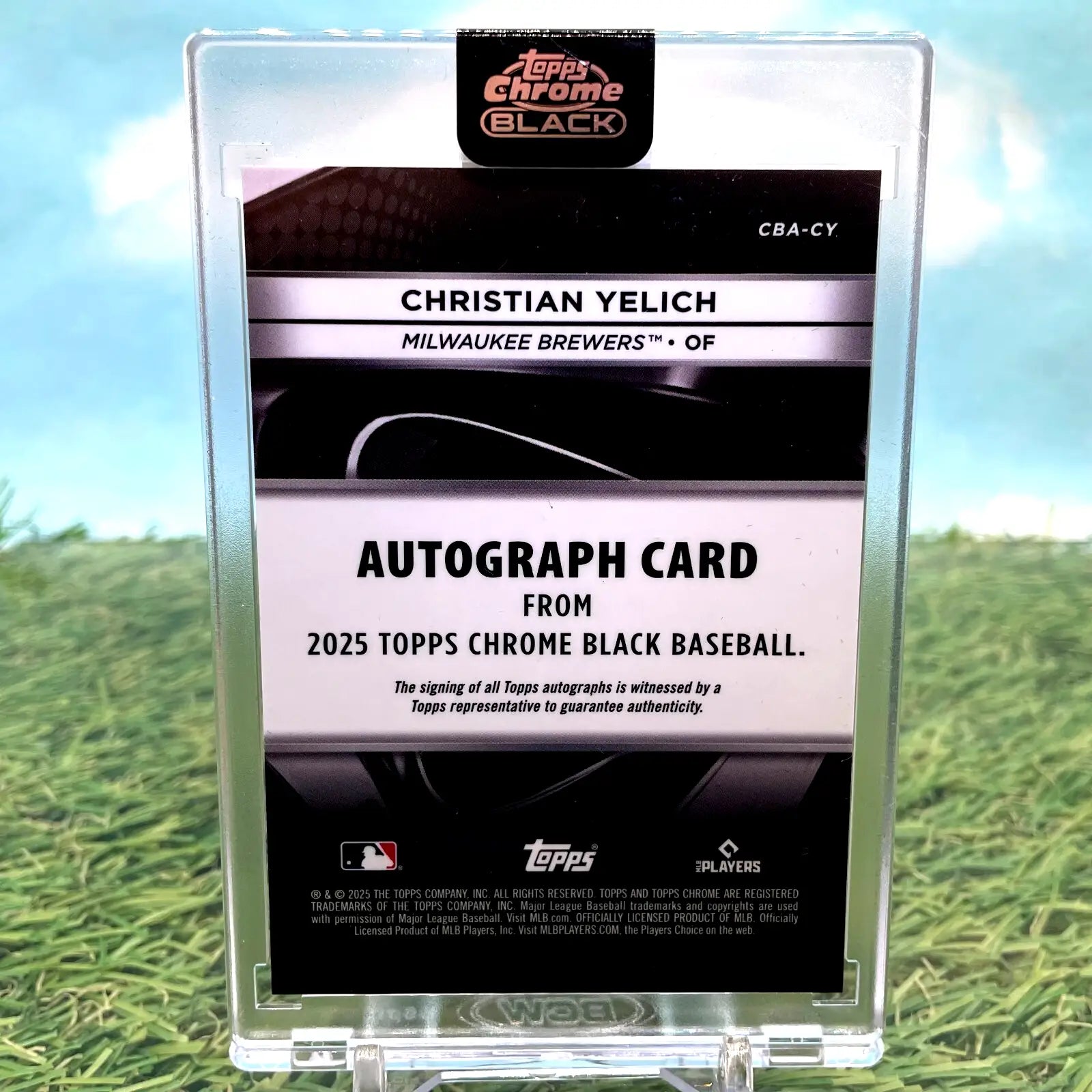Christian Yelich autograph baseball card from 2025 Topps Chrome Black series