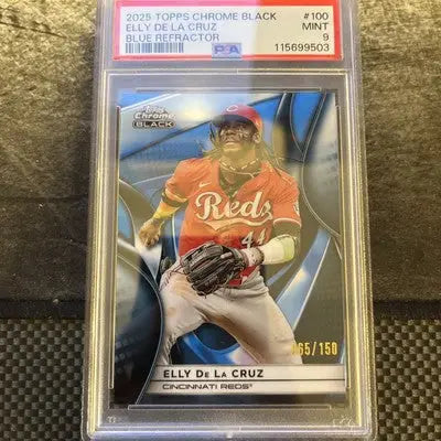 2025 Topps Chrome Black Elly De La Cruz Blue Refractor baseball card numbered 65/150