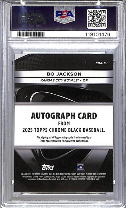 Graded Bo Jackson autograph card from 2025 Topps Chrome Black Gold in PSA 9 Mint condition