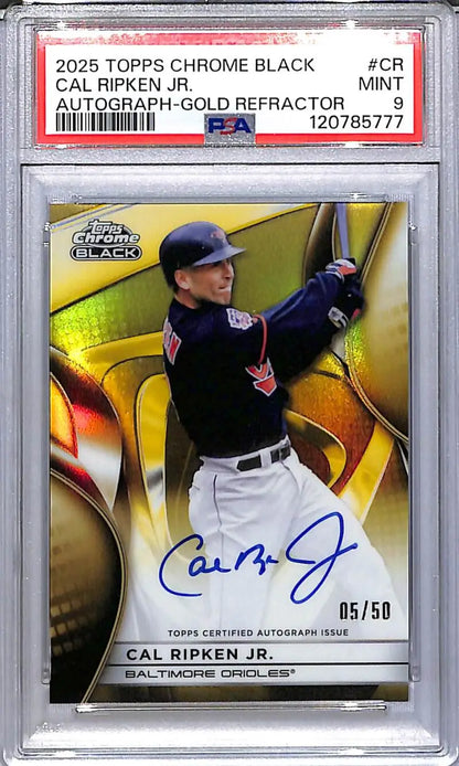 Cal Ripken Jr. graded Topps Chrome Black Gold baseball card with autograph, PSA 9 Mint
