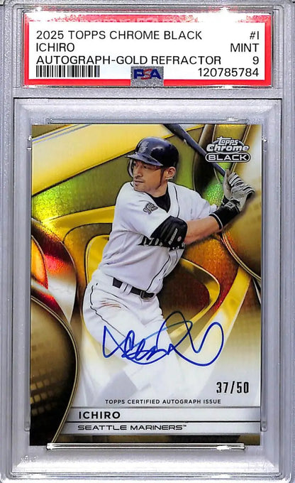 Autographed Ichiro Suzuki baseball card from Topps Chrome Black Gold series featuring Seattle Mariners