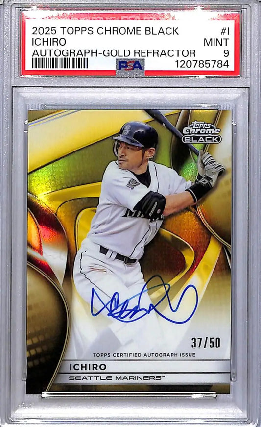 Autographed Ichiro Suzuki baseball card from Topps Chrome Black Gold series featuring Seattle Mariners