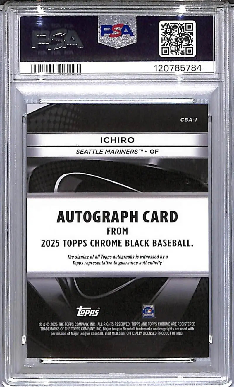 Graded Ichiro autographed baseball card from 2025 Topps Chrome Black Gold Seattle Mariners