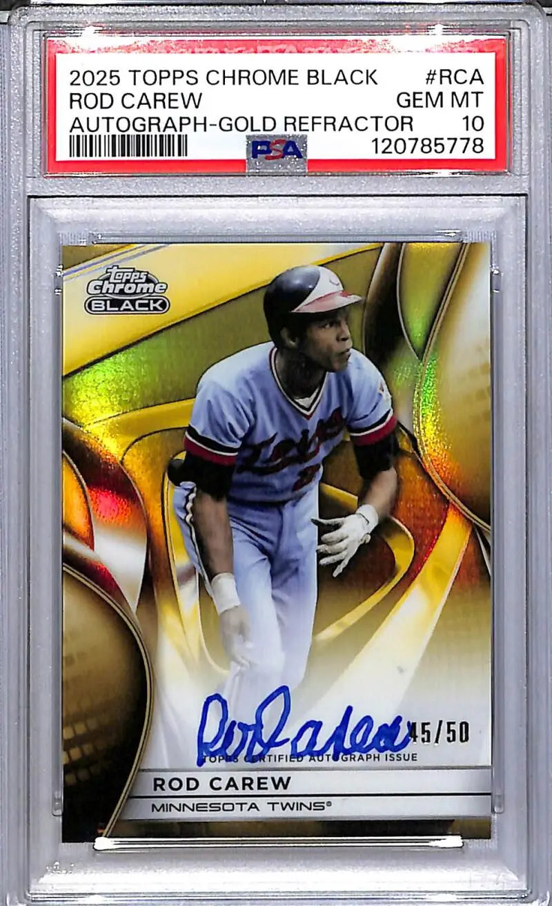 2025 Topps Chrome Black Gold Rod Carew Autograph Gold Refractor baseball card GEM MINT