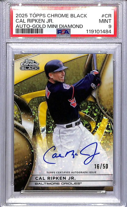 Cal Ripken Jr. autographed baseball card from 2025 Topps Chrome Black Gold Mini Diamond series featuring Baltimore Orioles player