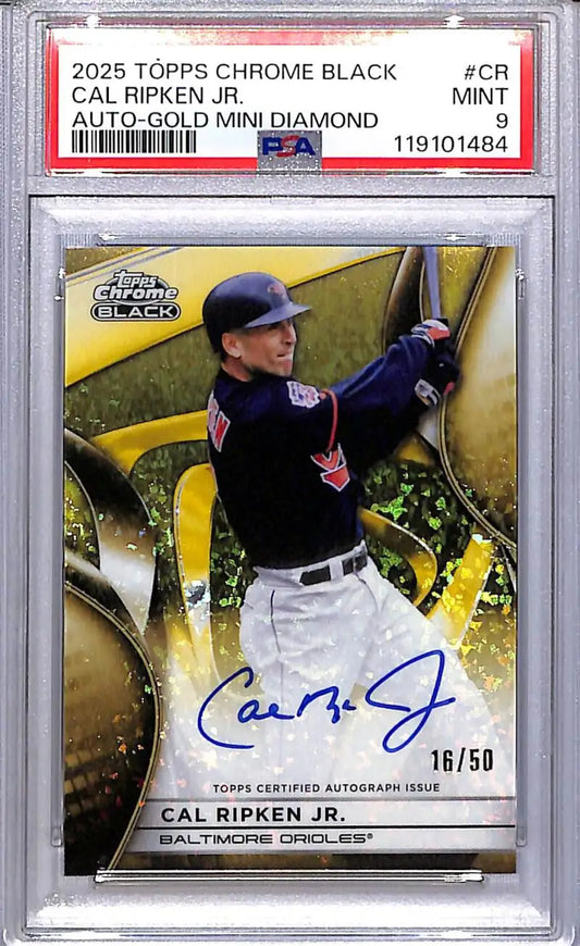 Cal Ripken Jr. autographed baseball card from 2025 Topps Chrome Black Gold Mini Diamond series featuring Baltimore Orioles player
