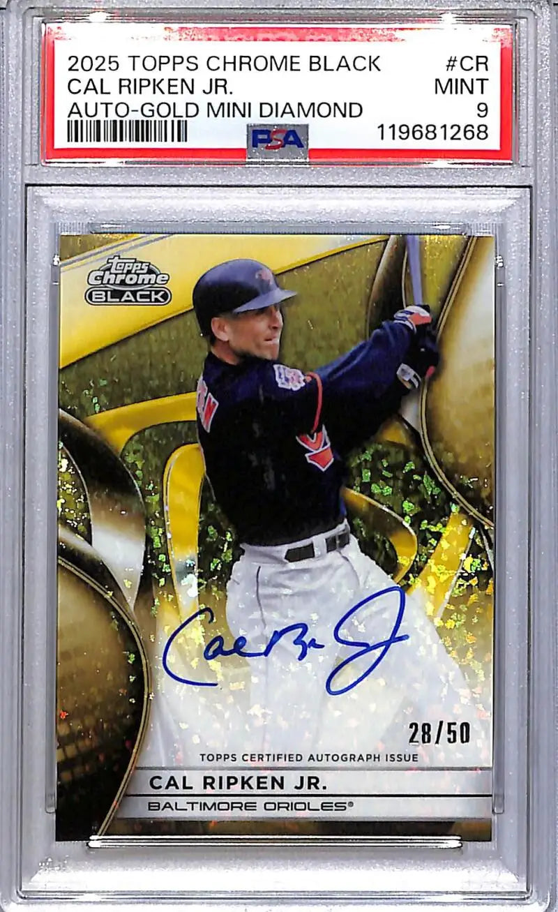 Cal Ripken Jr. 2025 Topps Chrome Black Mini Diamond auto card numbered 28/50