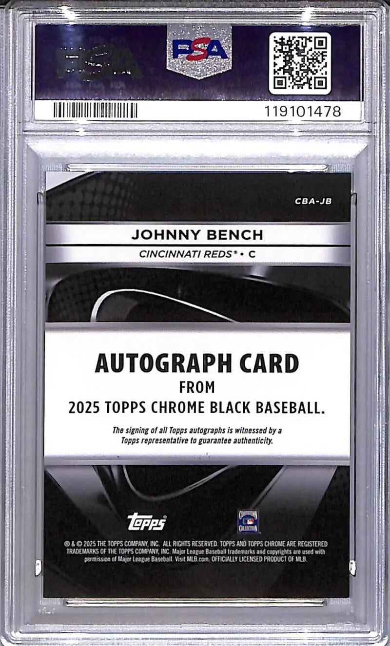 Graded Johnny Bench autograph card from 2025 Topps Chrome Black Cincinnati Reds
