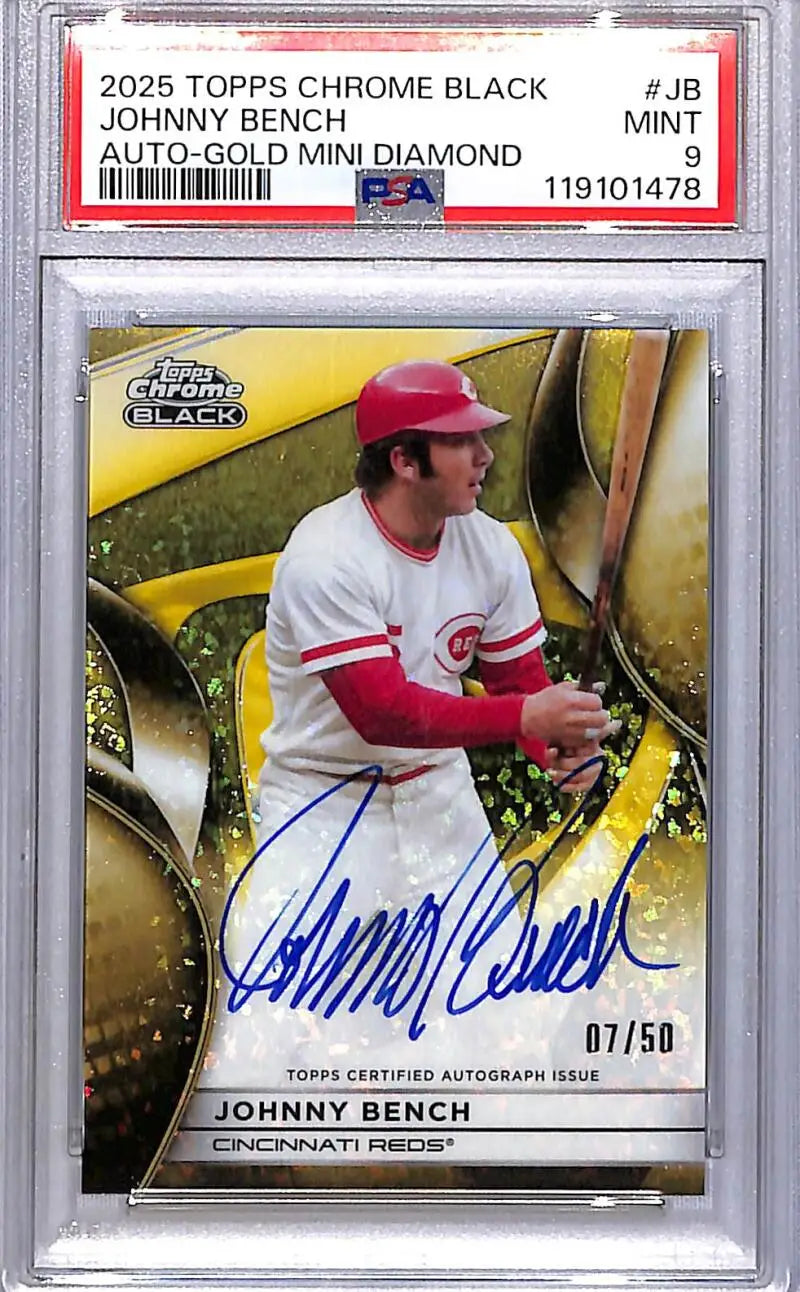 Johnny Bench Cincinnati Reds Topps Chrome Black auto gold mini diamond card 2025