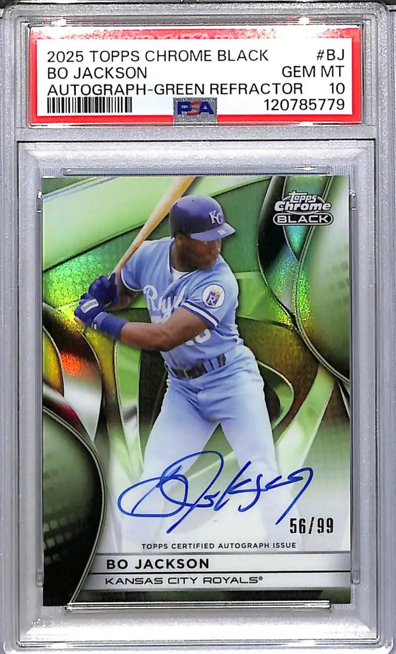 Professionally graded Bo Jackson autographed baseball card in black green Topps Chrome Black GEM MINT