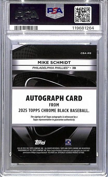 PSA-graded Mike Schmidt Topps Chrome Black Orange baseball card in mint auto edition