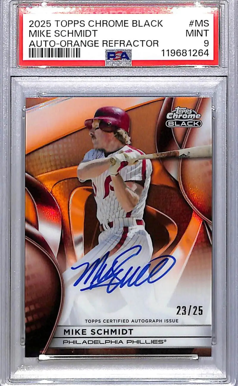 Mike Schmidt 2025 Topps Chrome Black Orange Auto refractor baseball card serial 23/25