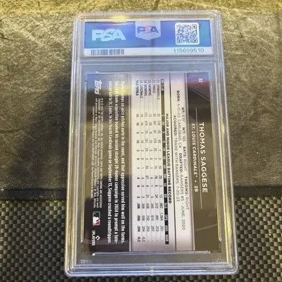 Baseball card in clear plastic slab from 2025 Topps Chrome Black Thomas Saggese /25 PSA 9