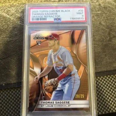 Graded 2025 Topps Chrome Black Thomas Saggese Orange Refractor baseball card PSA 9
