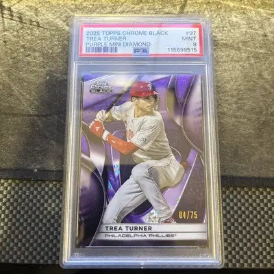 Graded Trea Turner baseball card from 2025 Topps Chrome Black /75 PSA 9