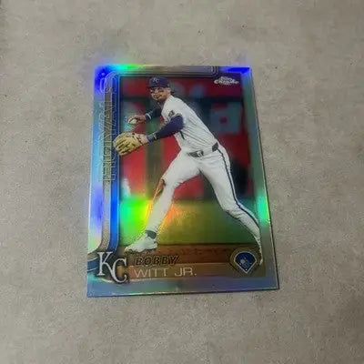 Holographic baseball trading card of Bobby Witt Jr. from 2025 Topps Chrome Bobby series featuring Kansas City Royals