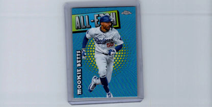 Baseball trading card featuring Mookie Betts in Dodgers uniform from 2025 Topps Chrome Betts Chrome series