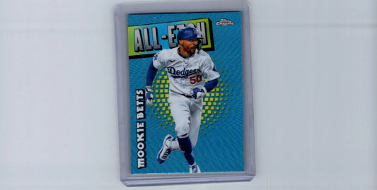 Baseball trading card featuring Mookie Betts in Dodgers uniform from 2025 Topps Chrome Betts Chrome series