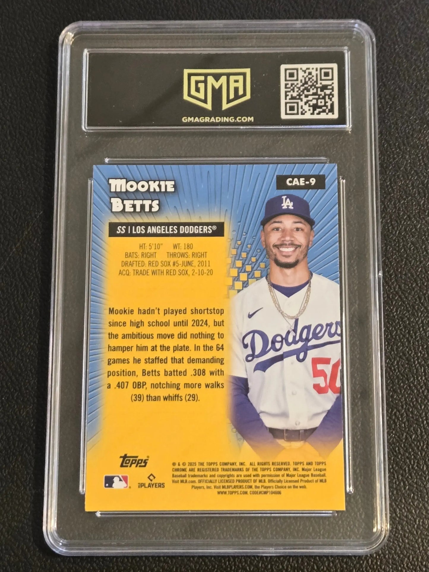 A graded Mookie Betts baseball card from 2025 Topps Chrome series GMA 10
