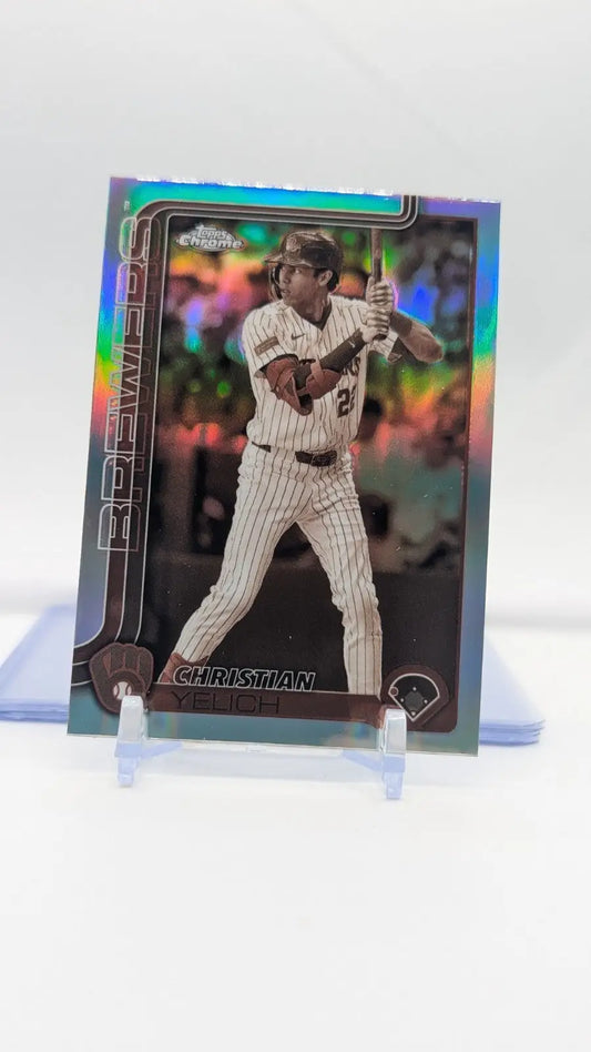 2025 Topps Chrome Christian Yelich Sepia Refractor Milwaukee Brewers baseball card featuring batting stance