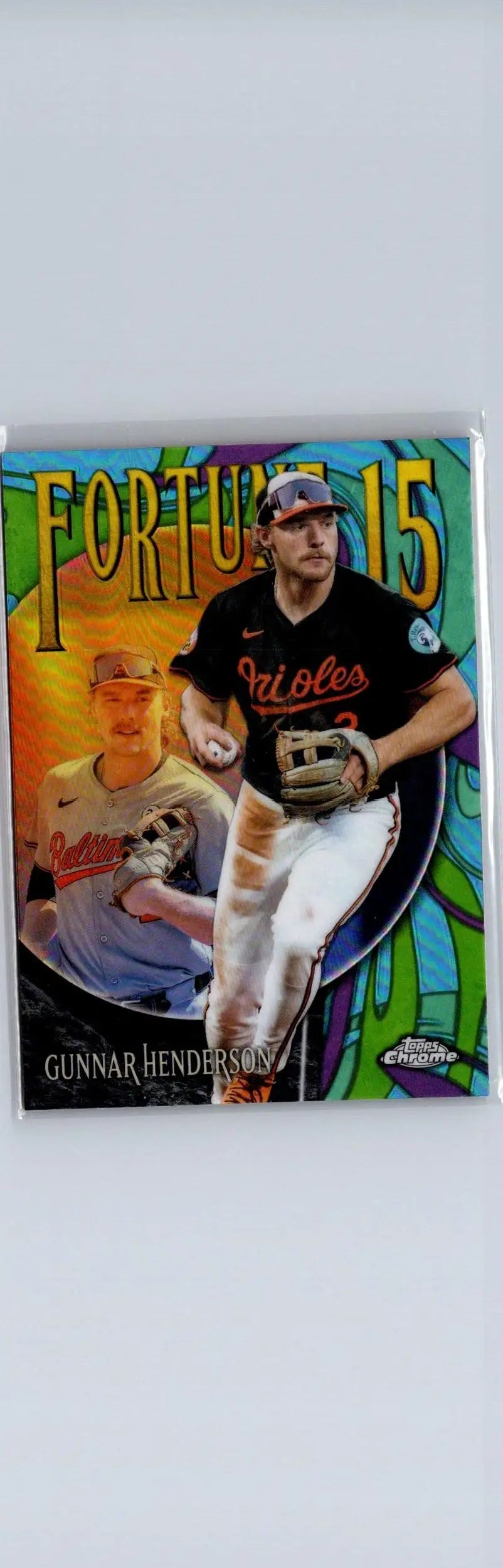Baseball trading card featuring Gunnar Henderson from 2025 Topps Chrome Henderson Fortune series