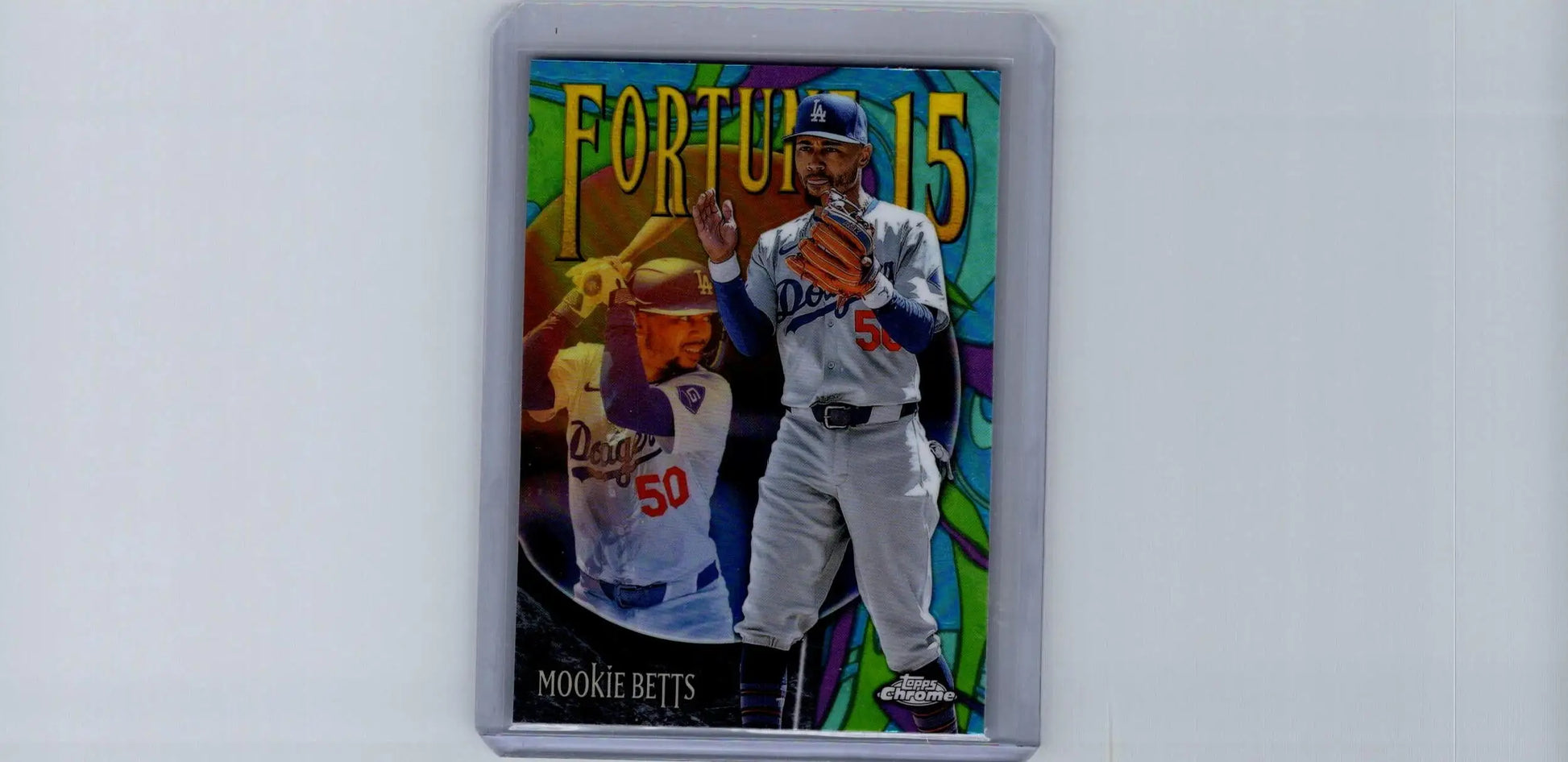 Mookie Betts Fortune 2025 Topps Chrome trading card in clear protective case