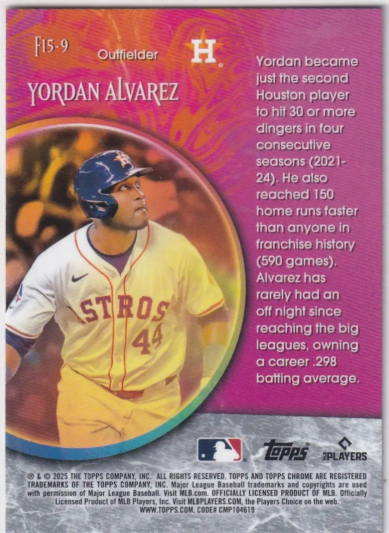 Baseball trading card of Yordan Alvarez Houston Astros from 2025 Topps Chrome Fortune