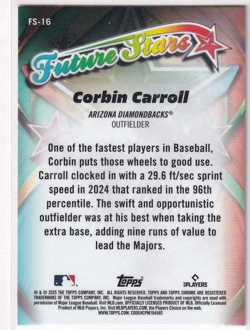 Baseball trading card featuring Corbin Carroll from 2025 Topps Chrome Future Stars series