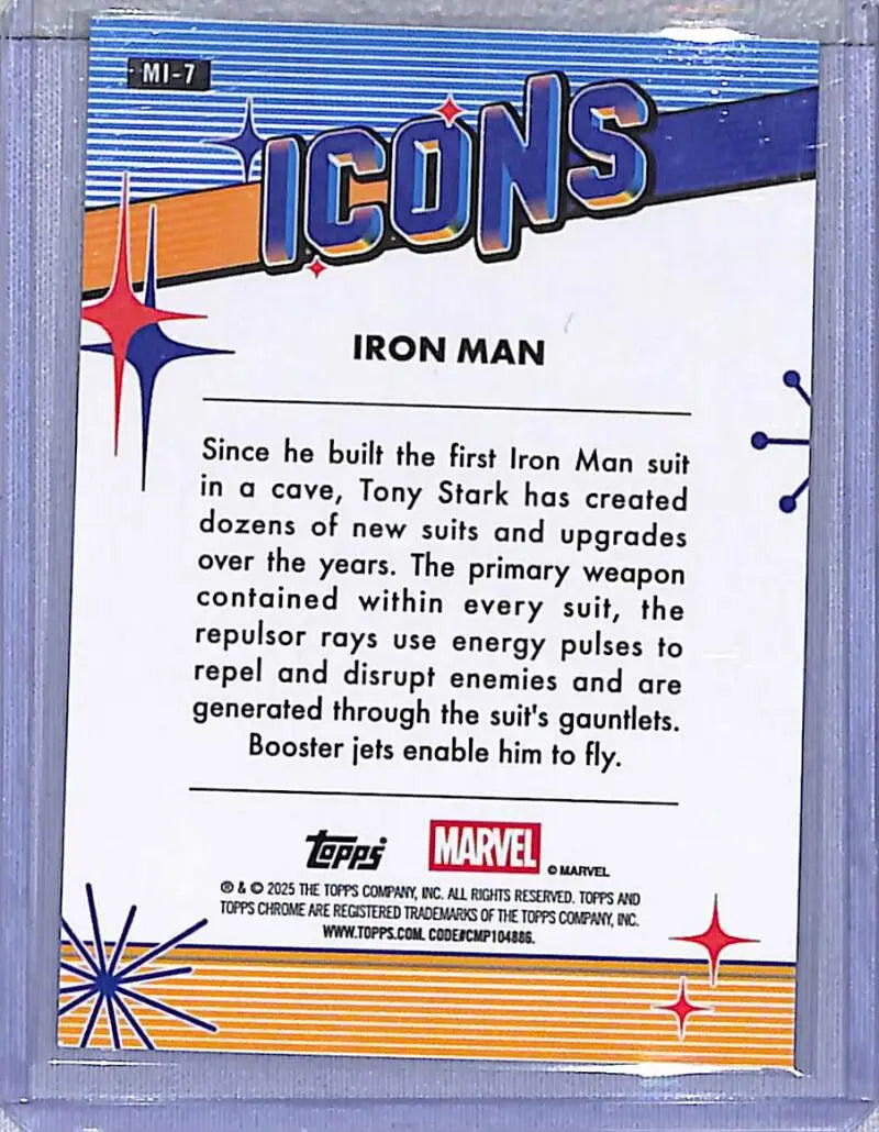 Iron Man trading card from 2025 Topps Chrome Icons series displayed in Topps Chrome