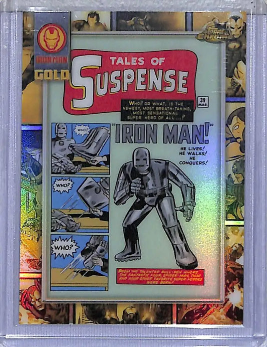 Iron Man comic book card from 2025 Topps Chrome Iron Man Gold series