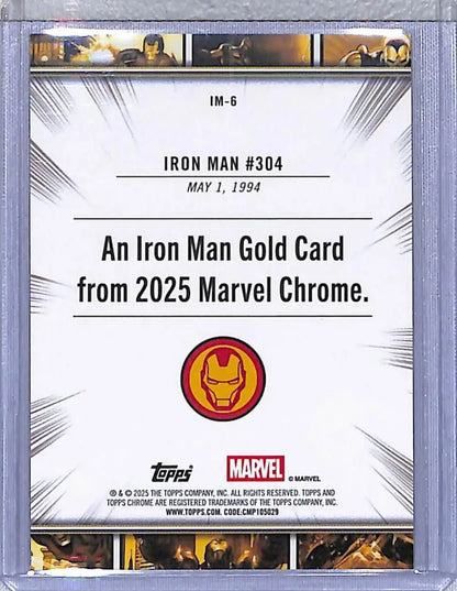 Iron Man trading card from 2025 Topps Chrome Iron series featuring gold holographic design